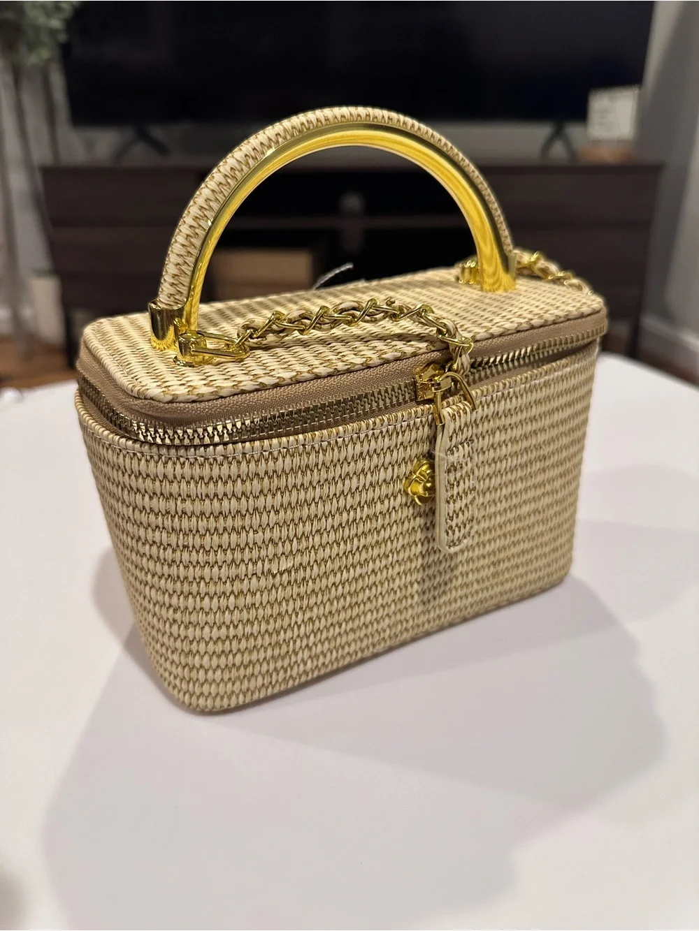 Woven Beige Crossbody Vanity Bag with Gold Handle